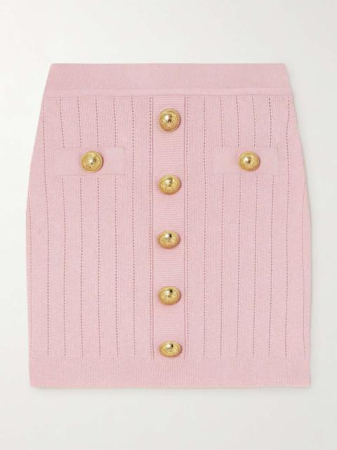 Button-embellished ribbed-knit mini skirt