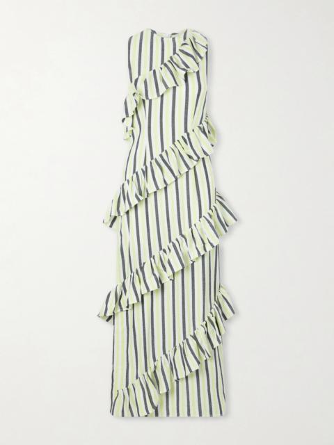 MARRAKSHI LIFE Spiral Ruffled Striped Cotton Maxi Dress