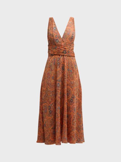 Floral Paisley-Print Metallic Midi Wrap Dress