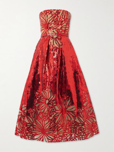 ELIE SAAB Belted Strapless Pleated Embroidered Sequined Tulle Midi Dress