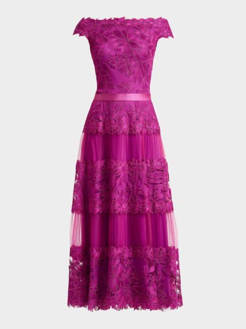TADASHI SHOJI Off-the-Shoulder Cap-Sleeve Lace Midi Dress