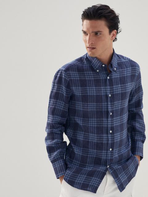 Linen tartan basic fit shirt with button-down collar