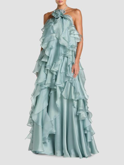 MAC DUGGAL Women's Rosette Organza Trapeze Ruffle Halter Gown - Mint