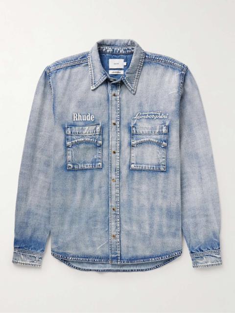 Rhude + Lamborghini Logo-Embroidered Denim Shirt