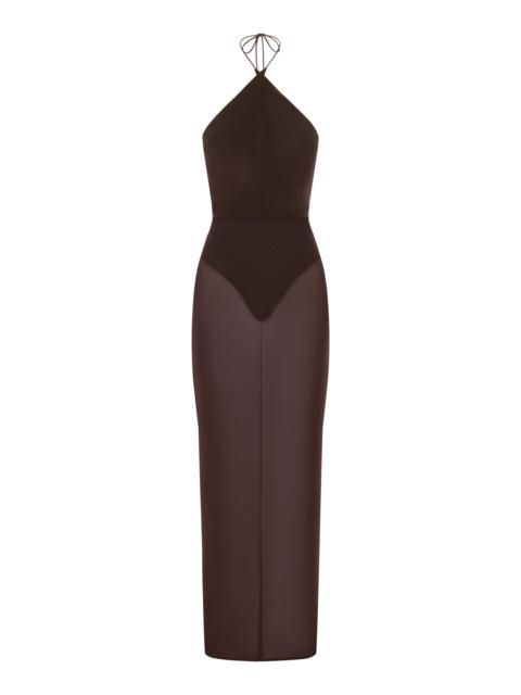 ALEX PERRY Cross Tie Halter Column In Power Mesh black