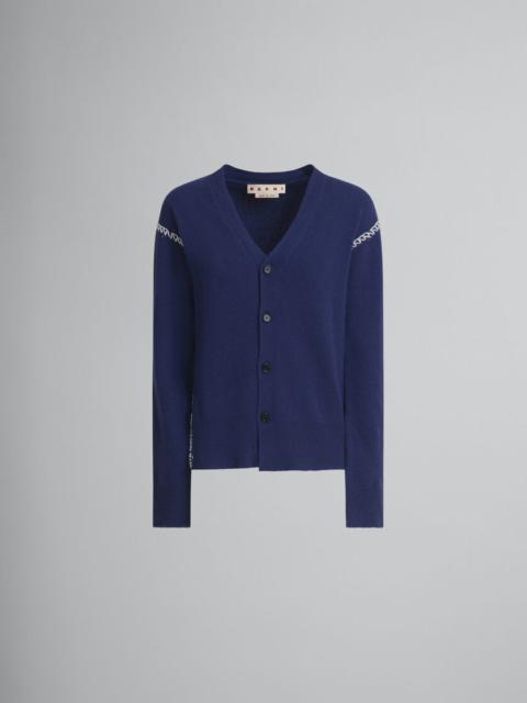 BLUE WOOL-CASHMERE CARDIGAN WITH MARNI MENDING