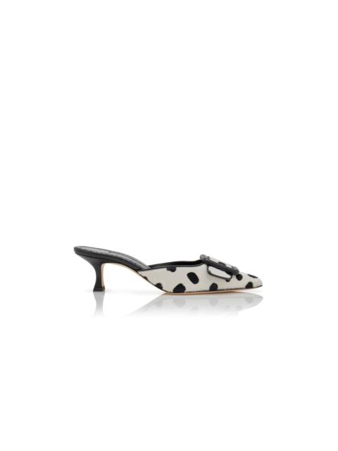 White and Black Calf Hair Buckle Detail Mules