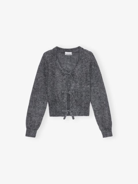 GANNI GREY LIGHT MOHAIR TIE STRING CARDIGAN