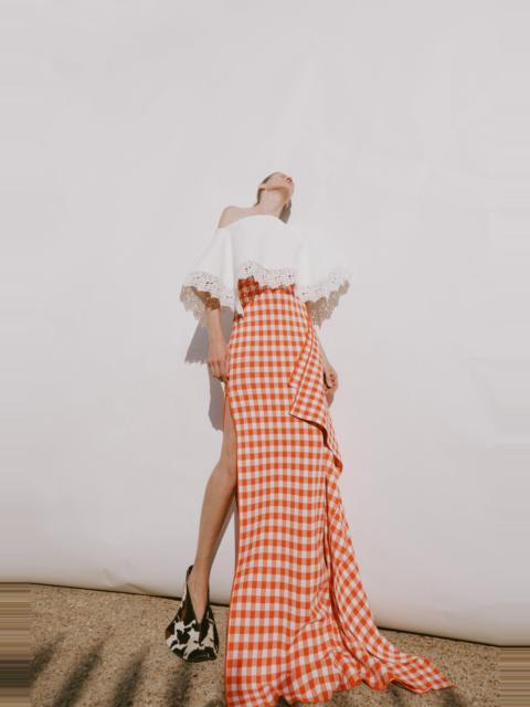 A.W.A.K.E. MODE KNITTED FITTED MAXI SKIRT WITH SIDE PANEL RED WHITE GINGHAM