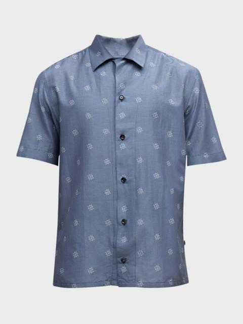 Brioni Men's Cotton-Silk Geometric-Print Camp Shirt