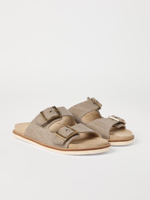 Brunello Cucinelli Délavé canvas and suede slides with buckles