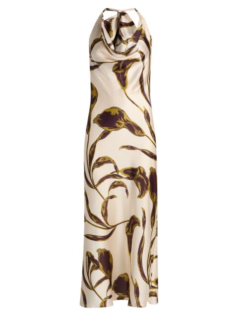 MISA Women's Ida Floral-Print Halterneck Satin Midi-Dress - Mahogany Calla Lily