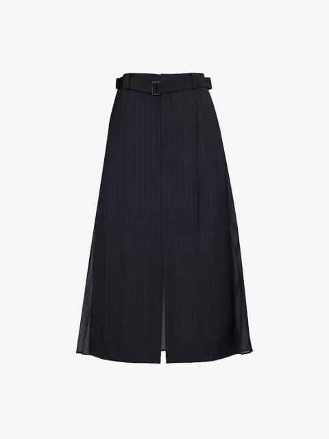 Pinstripe-pattern A-line woven midi skirt