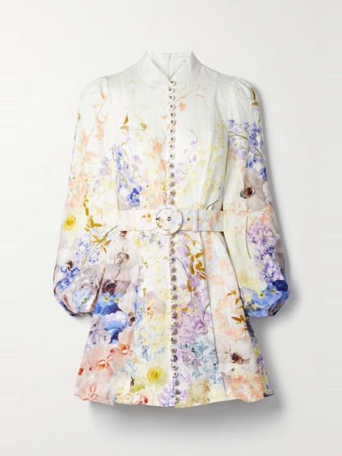 Rhythmic belted embellished floral-print linen mini dress