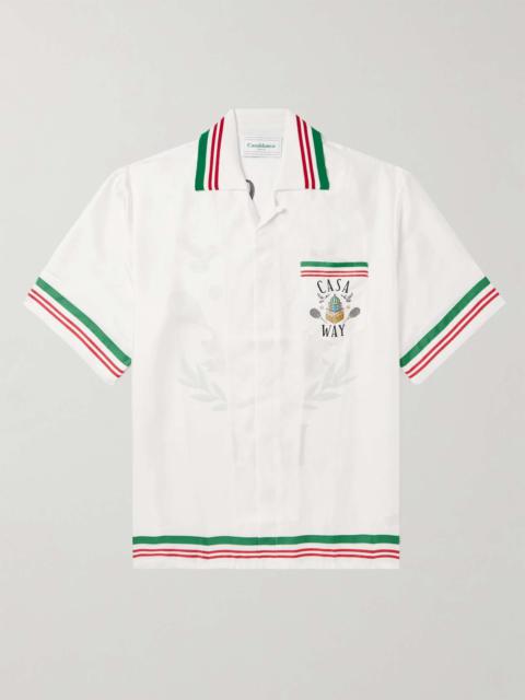 Camp-Collar Striped Logo-Print Silk-Twill Shirt