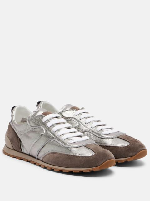 Brunello Cucinelli Monili suede-trimmed metallic leather sneakers