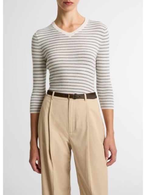Vince Striped Cashmere-Silk High V-Neck Sweater