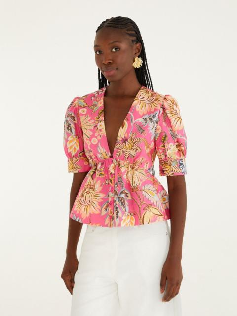 FARM RIO Pink Ligia Floral Puff Sleeve Organic Cotton Blouse