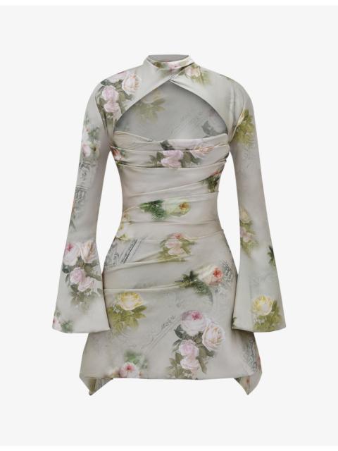 House of CB Toira floral-print draped-corset woven mini dress