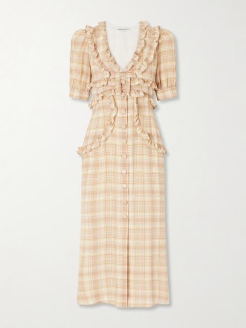 Alessandra Rich Ruffled Checked Silk Midi Dress