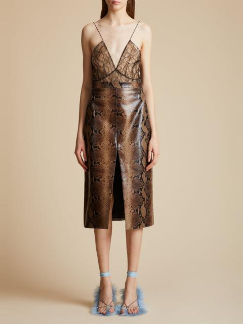 KHAITE The Fraser Skirt in Brown Python-Embossed Leather