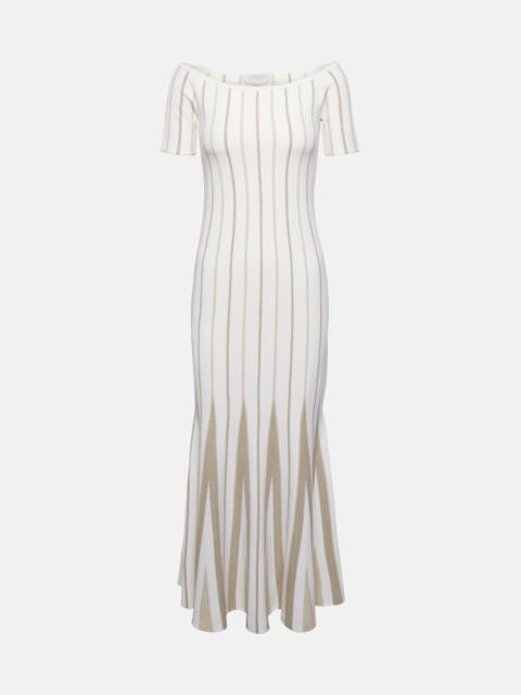 Striped off-shoulder virgin wool maxi dress