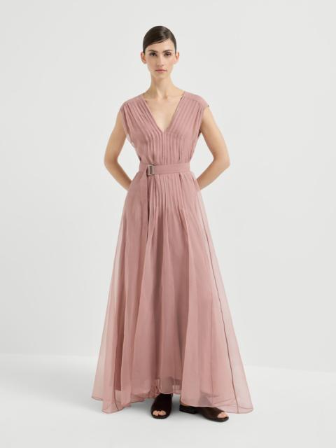 Crispy silk belted dress with pleated detail and precious strap