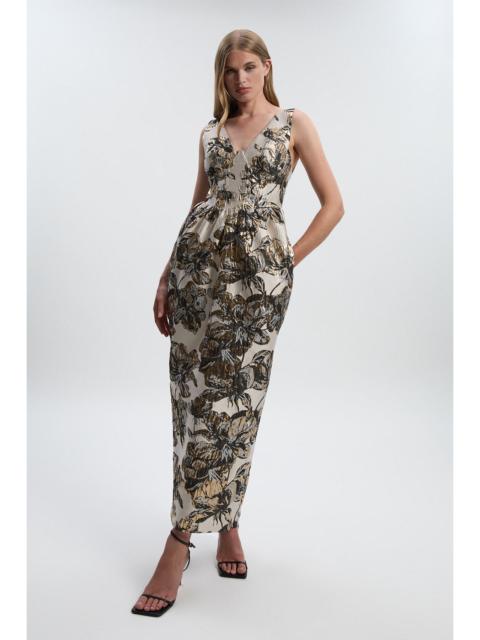 KAREN MILLEN Floral Jacquard Plunge Corset Pencil Midi Dress