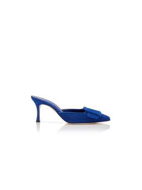 Manolo Blahnik Blue Suede Buckle Detail Mules