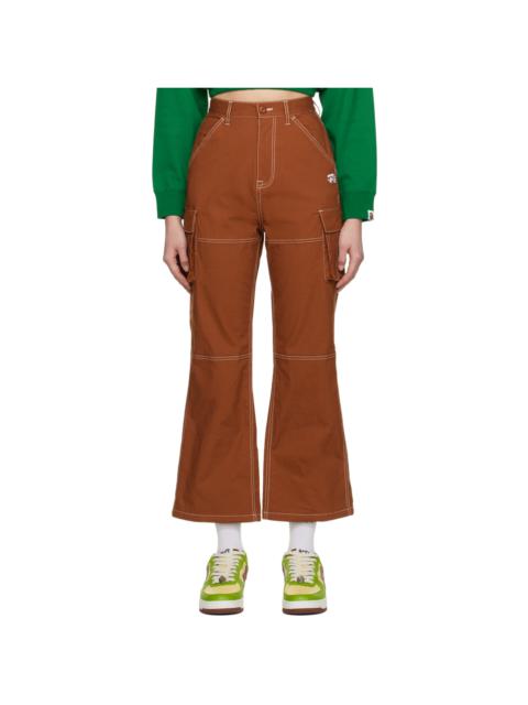 Brown Color Stitching High Waist Cargo Pants