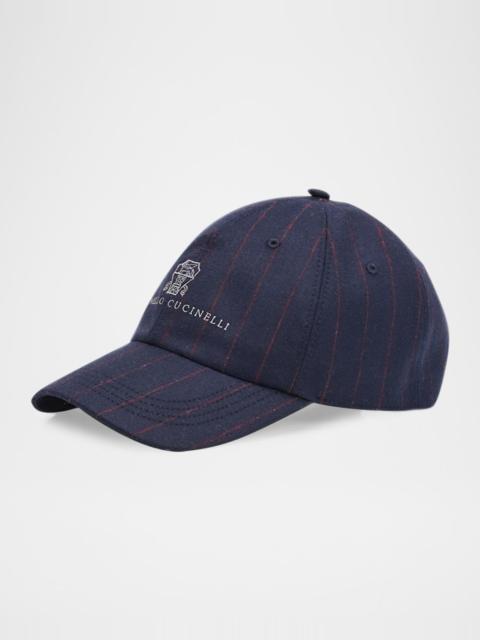 Brunello Cucinelli Men's Logo Pinstripe Virgin Wool Baseball Cap