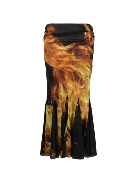 fire-print draped midi skirt