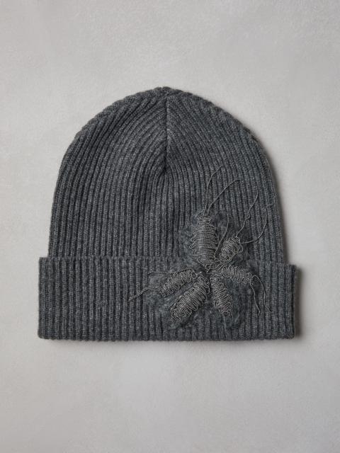 Cashmere rib knit beanie with precious flower crest