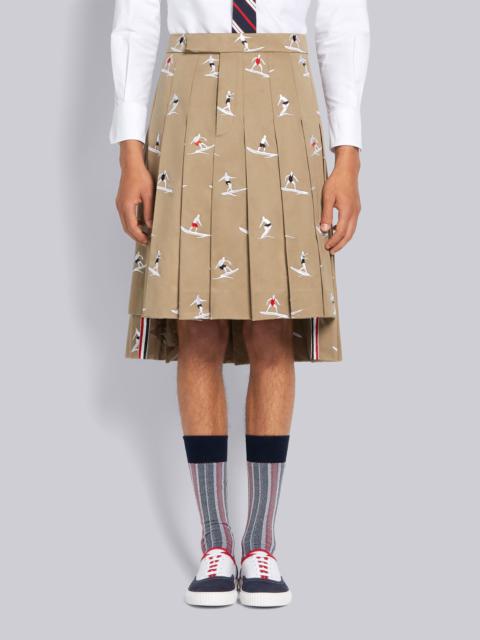 Thom Browne Khaki Cotton Twill Half Drop Surfers Embroidered Classic Knee Length Pleated Skirt