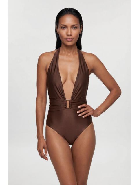 KAREN MILLEN Metallic Halter Neck Hardware Detail Plunge Swimsuit