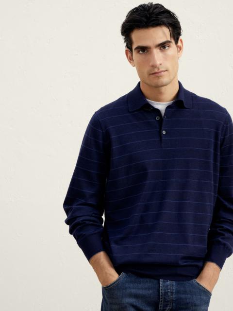 Striped lightweight polo-style sweater in virgin wool and cashmere