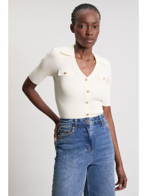 KAREN MILLEN Military Trim Rib Knit Short Sleeve Collared Top