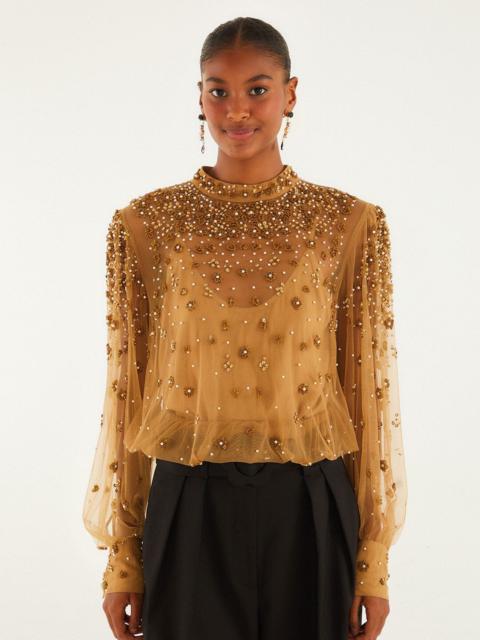 FARM RIO Caramel Embroidered Tulle Lined Blouse