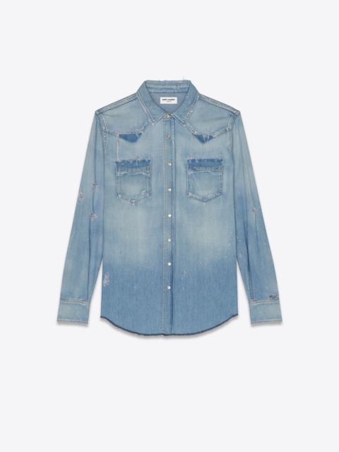 SAINT LAURENT destroyed western shirt in dusty pink blue denim