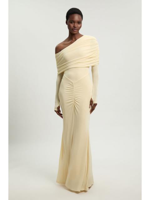 KAREN MILLEN Drapey Crepe Off The Shoulder Ruched Detail Fishtail Maxi Dress
