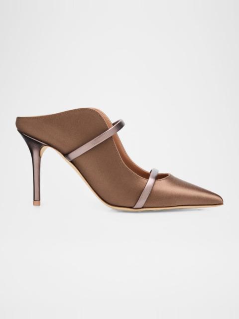 MALONE SOULIERS 85mm Maureen Satin Mules with Double Metallic Nappa Leather Straps