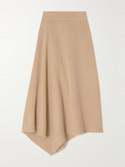 Asymmetric ribbed cashmere midi skirt