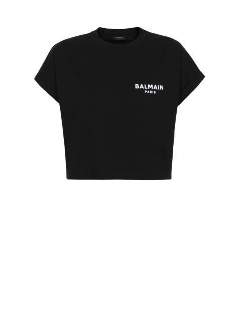 Balmain Cropped eco-designed cotton T-shirt with small flocked Balmain logo