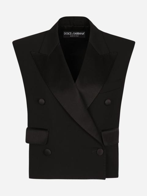 Sleeveless double-breasted wool gabardine tuxedo jacket