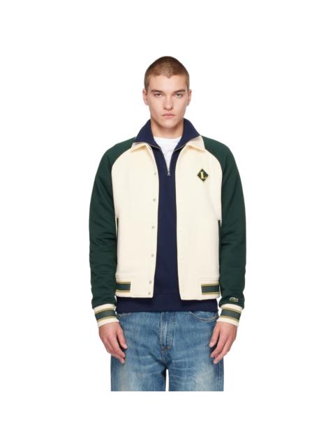 LACOSTE Off-White & Green French Made Varsity Badge Bomber Jacket
