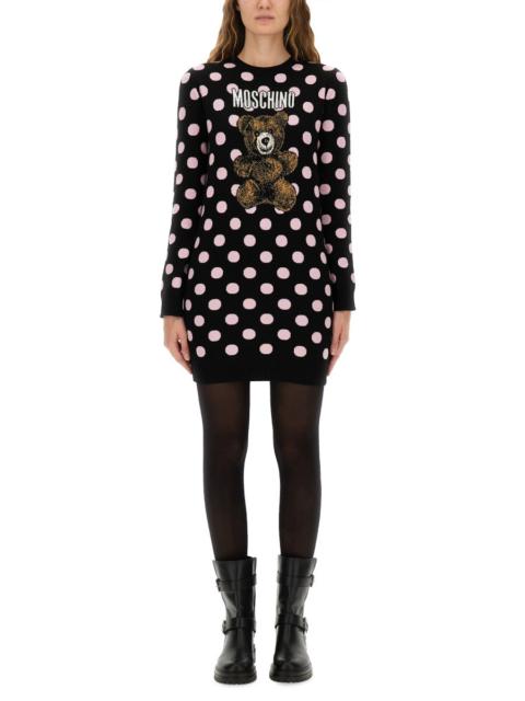 POLKA DOT WOOL DRESS WITH LOGO AND TEDDY BEAR