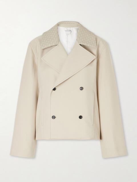 Bottega Veneta Double-breasted Intrecciato Leather-trimmed Striped Wool And Cotton-blend Jacket