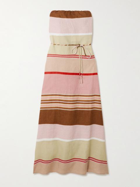 FAITHFULL Yolina Strapless Belted Striped Linen Maxi Dress