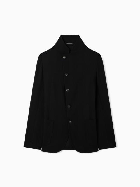 EMPORIO ARMANI GURU COLLAR JACKET WITH OFF-CENTRE FASTENING IN 3D CHEVRON VIRGIN WOOL