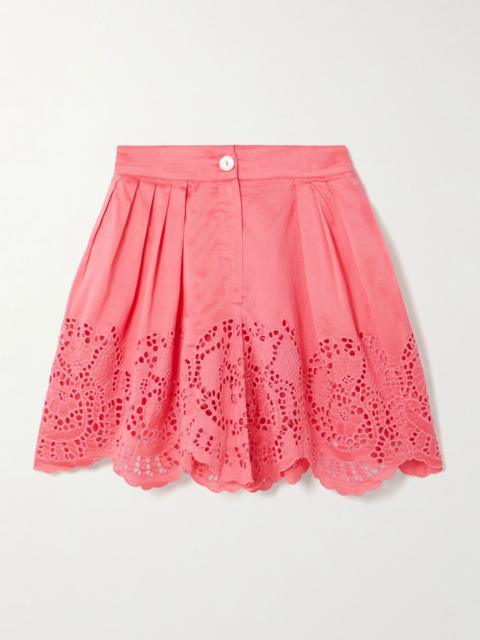Thierry Colson Kenya pleated broderie anglaise cotton and silk-blend shorts Pink